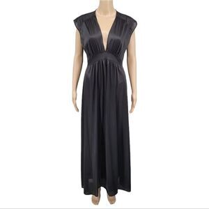 1960s Vintage All Black Nylon Slip Dress Plunging Neckline Drop Shoulder Sleeves